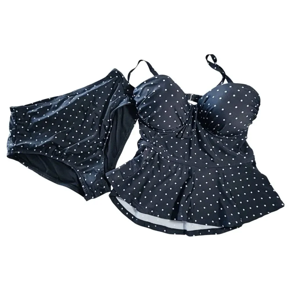 UNIQUE VINTAGE SWIM Women’s L 2 Pc Swimsuit Black White Dotted Retro Flare